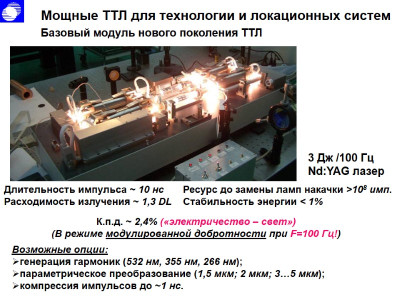 Мощные ТТЛ для технологии и локационных систем Длительность импульса ~ 10 нс Расходимость излучения Мощные ТТЛ для технологии и локационных систем Длительность импульса ~ 10 нс Расходимость излучения